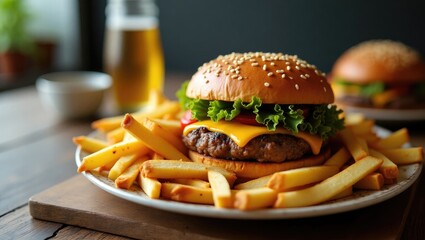 A plate of french fries and a cheeseburger.