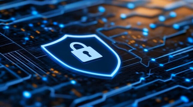 Blue glowing shield with lock on a digital circuit board representing cybersecurity data protection and privacy