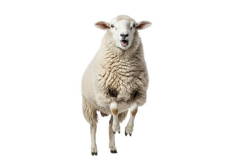 Fototapeta premium Mature domestic sheep with transparent fluffy fleece and light brown legs, mid-jump in air on plain white studio background with no shadows, looking at camera with joyful, open-mouthed expression,