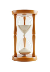 Meticulously crafted classic hourglass, polished light brown wooden pillars, transparent glass bulbs, fine light beige sand actively flowing on transparent background, ample copy space, no