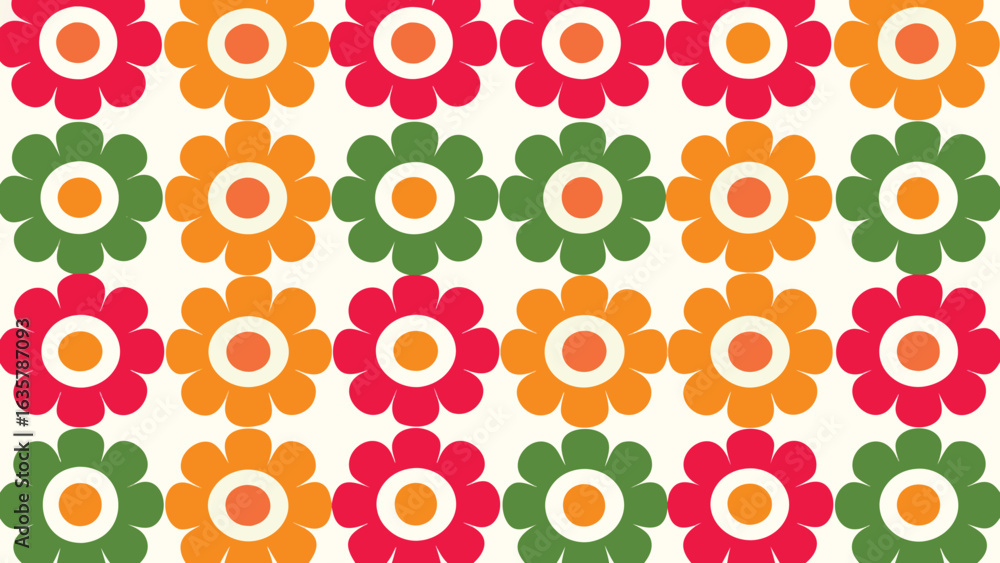 Poster repeating floral pattern with red orange and green flowers on a light background creating a retro de