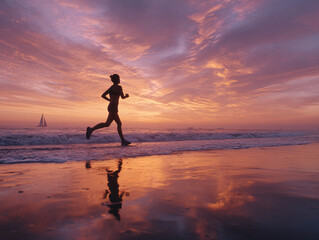 Silhouette of a woman running on the wet beach at sunset