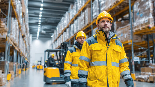 Professional team of logistics workers walking through a vast modern warehouse, wearing bright yellow safety jackets and hard hats, with a forklift in the background