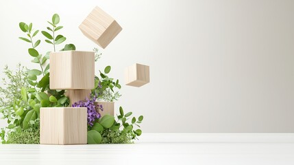 Commercial poster of flying wooden cubes, freeze motion, vibrant green and purple hues, balanced composition, clean white background with text space.