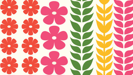 Floral pattern featuring rows of orange flowers pink flowers and leafy branches in green and yellow
