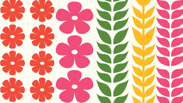 Floral pattern featuring rows of orange flowers pink flowers and leafy branches in green and yellow