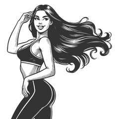 fit retro-style woman in workout clothes, posing confidently with hands in her hair sketch engraving generative ai fictional character vector illustration. Scratch board imitation. Black and white.