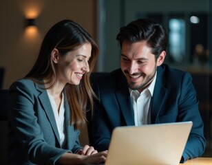 Fototapeta premium Two happy professional executives partners work with laptop businessman and businesswoman use computer software discuss online digital project have fun effective collaboration in corporate meeting 