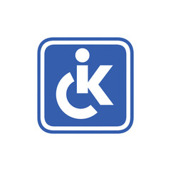 The image shows a flat logo design of a letter K or CK in a wheelchair on a blue square sign. The logo can be used for disability mobility related purposes.