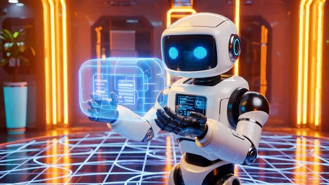 Vintage robot assembling holograms in neon workshop