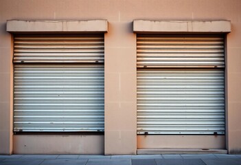 Closed roller shutters protecting windows on a building facade, metal shutters, city
