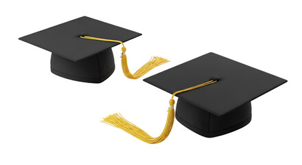 Graduation Caps Black with Gold Tassels on Transparent Background