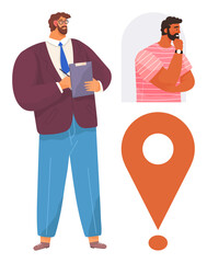 Professional man holding clipboard, thoughtful man in striped shirt, large location marker. Ideal for business planning, decision-making, location services, leadership, brainstorming, marketing