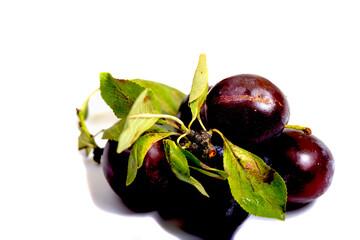 Plums with green leaves on a white background ** Note: Slight graininess, best at smaller sizes,