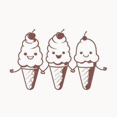 Three smiling ice cream characters holding hands kawaii