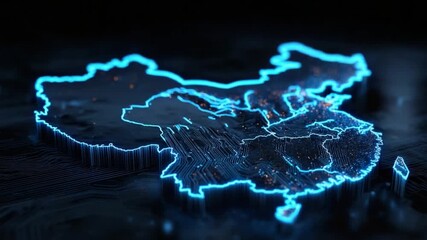 A 3D rendering of a country's map, glowing blue lines forming its borders over a dark, circuit-board-like texture.  Small points of light represent cities within - Powered by Adobe