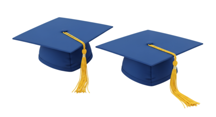 Two Blue Graduation Caps with Yellow Tassels on Transparent Background