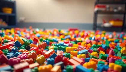 Obraz premium Colorful plastic bricks scattered on the floor, a scene of playful construction, happy, building