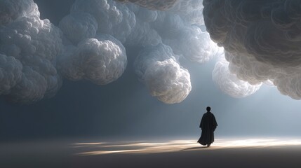 Swirling mist and solitary figure create a dreamlike atmosphere in muted gray landscape