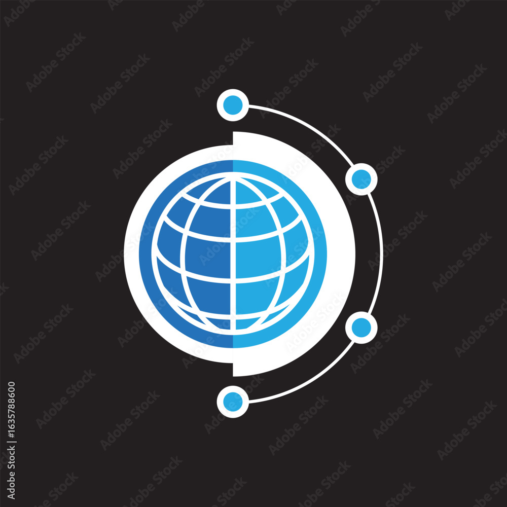 Poster the image shows an abstract logo design of a globe with four smaller circles on its orbit in blue an