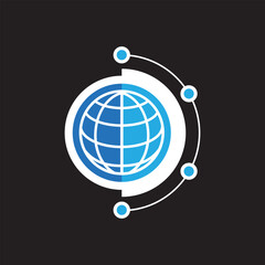 The image shows an abstract logo design of a globe with four smaller circles on its orbit in blue and white color. It looks clean and modern in simple flat style on a black background.