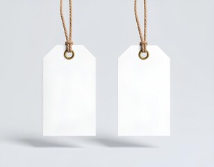 A pair of blank white rectangular paper labels with a fine texture, hanging from twine against a plain background.