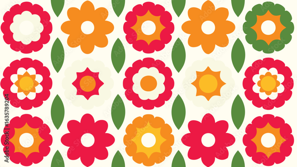 Poster seamless repeat pattern of stylized flowers and leaves in a retro color palette and flat design styl
