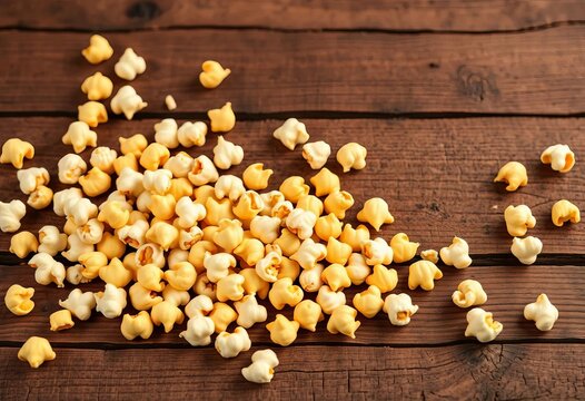 Golden popcorn kernels scattered on a rustic wooden background,  snack food,  rustic - Powered by Adobe