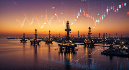Oil drilling rigs at dusk with glowing financial graphs