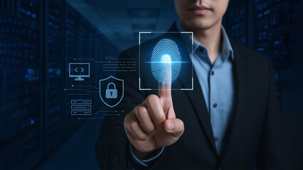 cybersecurity concept with fingerprint authentication, digital lock icons and secure server background