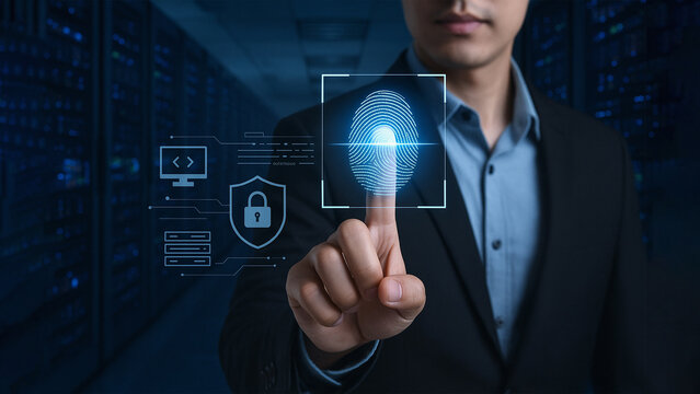 cybersecurity concept with fingerprint authentication, digital lock icons and secure server background