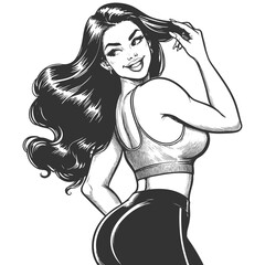 fit retro-style woman in workout clothes, posing confidently with hands in her hair sketch engraving generative ai fictional character vector illustration. Scratch board imitation. Black and white.