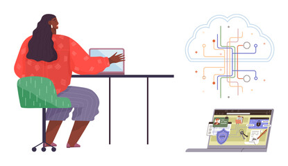 Woman using laptop seated at desk next to cloud network graphic and virtual security elements on a laptop. Ideal for technology, cloud system, remote work, internet safety, data management, online