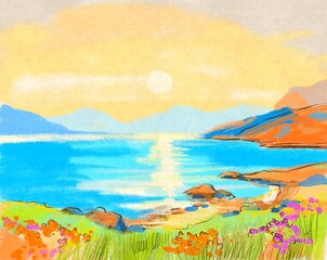 Fototapeta premium summer landscape with lake and mountains
