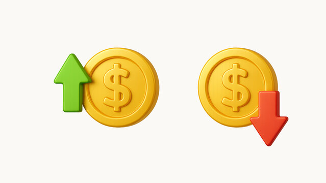 financial growth and decline icons with dollar coins, stock market value increase and decrease concept with white background