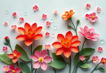 Fototapeta premium Paper cut flowers, water droplets on spring background Delicate craft style vector illustration, spring, background