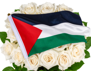 Palestine Flag Folded and Placed on White Rose Bouquet, Symbolic and Elegant Composition