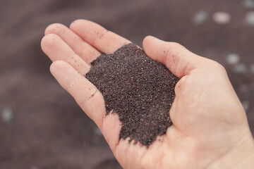 Close-up view of dark industrial sand from Jussaro Island, Finland, held in the palm of a hand. The...