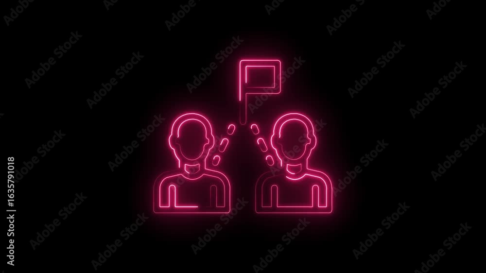 Poster glowing neon pink outline of two figures facing each other with a flag and thought bubbles symbolizi