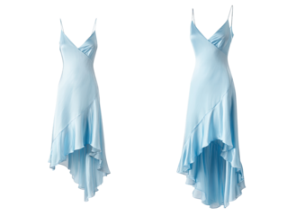 Light blue, sleeveless, asymmetrical midi dress, two views