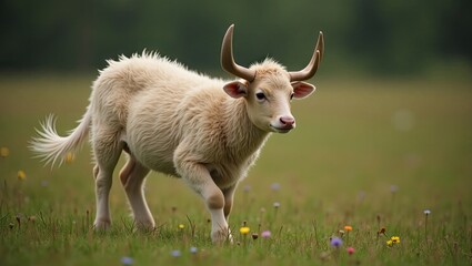 Obraz premium A light-colored yak in a grassy meadow.