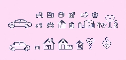 Set of linear icons depicting various insurance-related concepts for vehicles, homes, and health, in a clean and modern style,   reliable,  medical