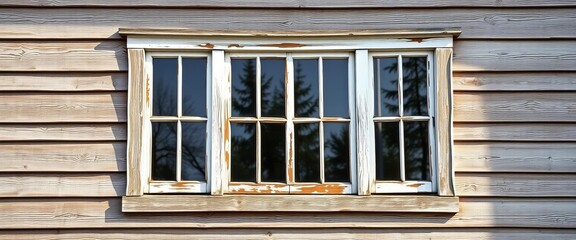Six-pane colonial window, weathered clapboard wall,  exterior,  house