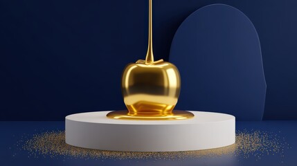 Glossy honey-dipper drips neon-gold honey onto fresh apple slice for holiday tradition