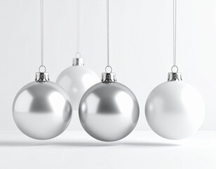 Minimalist Christmas tree ornaments in silver and white, clean Scandinavian style, simple elegant design, soft natural lighting, realistic high-resolution photo