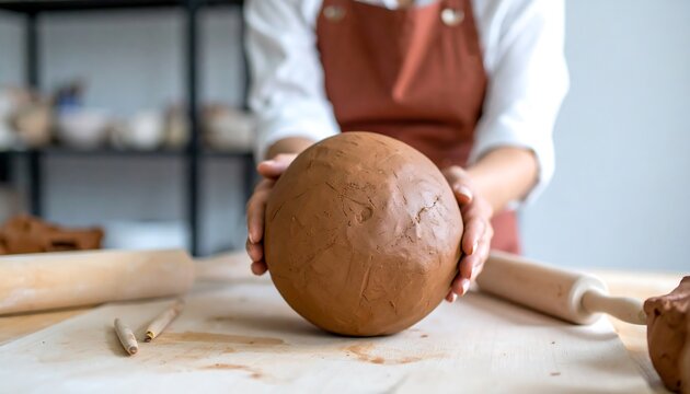 Woman shaping clay ball