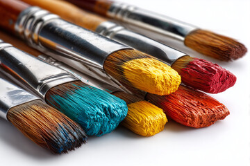 Fototapeta premium Selective focus painter tools isolated on white background, Paint brush with wooden handle, Paint roller for wall coloring on white background, Group of various paint brush type.