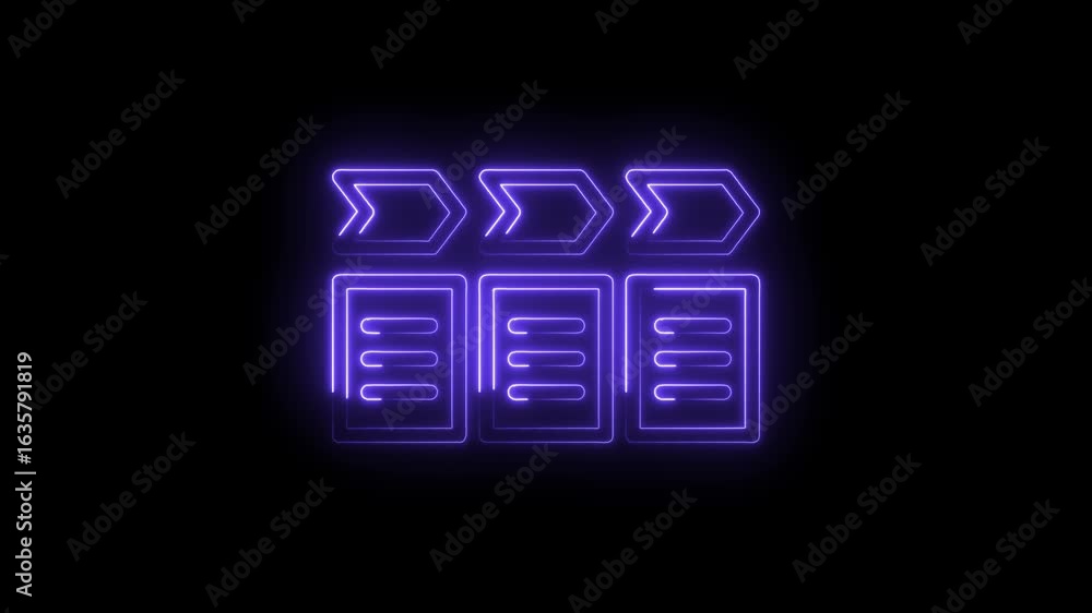 Poster glowing neon purple timeline progress bar icon with horizontal steps and document list symbols on a