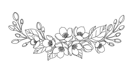 Elegant floral arrangement with blooming jasmine flowers and buds. Black outline sketch for botanical design or coloring page.