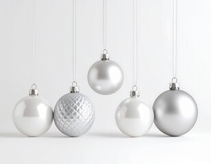Obraz premium Minimalist Christmas tree ornaments in silver and white, clean Scandinavian style, simple elegant design, soft natural lighting, realistic high-resolution photo